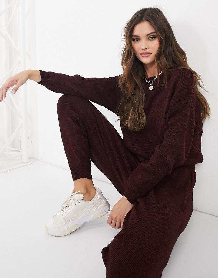Femme Luxe Knitted Oversized Sweater And Sweatpants In Burgundy-red