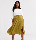 Neon Rose Plus Pleated Midi Skirt With Belt In Hammered Satin-green