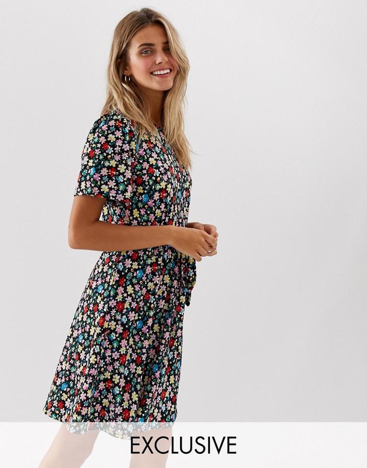 Jdy Floral Tie Waist Mini Dress-black