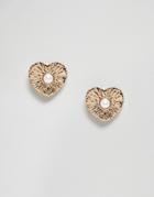 Asos Design Stud Earrings In Engraved Heart Design With Pearl Detail In Gold - Gold