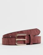 Asos Design Wedding Faux Leather Slim Belt In Burnished Burgundy With Silver Buckle - Red