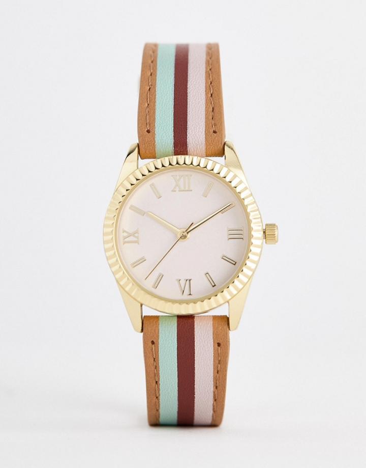 Asos Design Watch With Color Block Stripe Strap And Pink Face In Gold - Multi