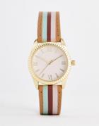 Asos Design Watch With Color Block Stripe Strap And Pink Face In Gold - Multi