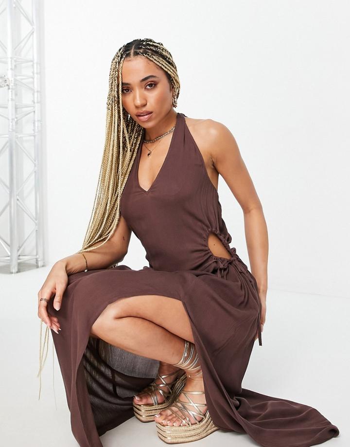 Asos Design Halter Cut Out Side Maxi Beach Dress In Brown