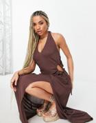 Asos Design Halter Cut Out Side Maxi Beach Dress In Brown