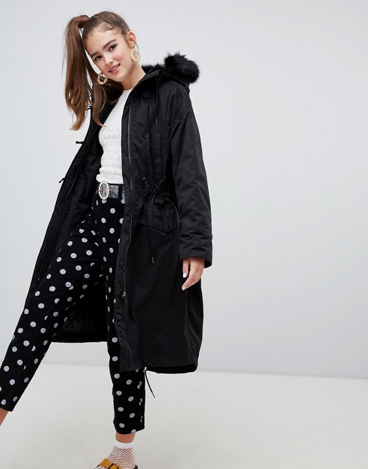 Monki Hooded Parka Coat With Faux Fur Details - Black
