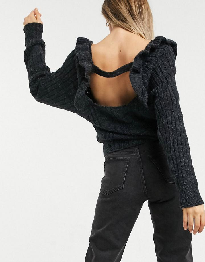 Topshop Open-back Ruffle Detail Sweater In Charcoal Gray-grey