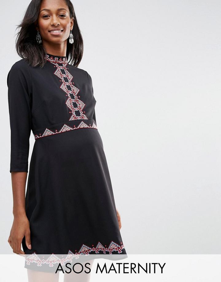 Asos Maternity Skater Dress With Pretty Folk Embroidery - Black