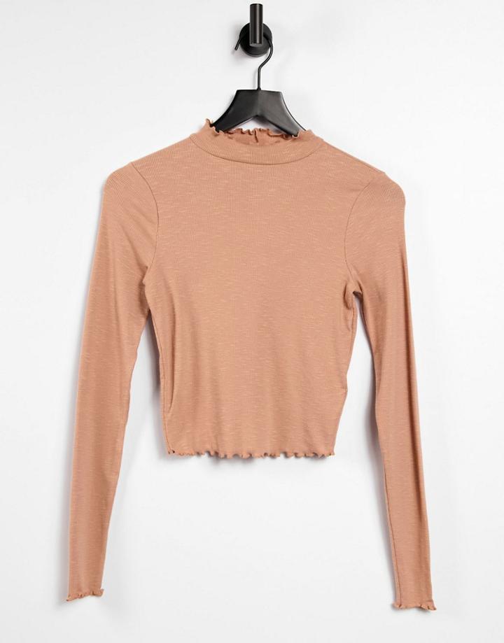 Asos Design Turtleneck Crop Top With Lettuce Edge In Sand-neutral