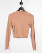 Asos Design Turtleneck Crop Top With Lettuce Edge In Sand-neutral