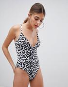 Prettylittlething Leopard Print Swimsuit - Black