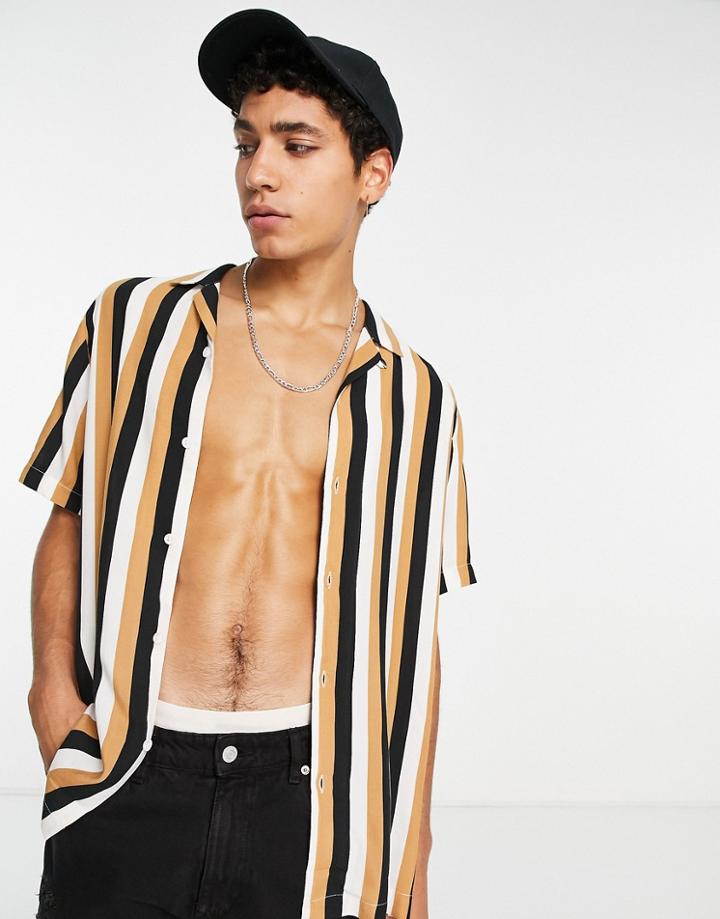 Topman Short Sleeve Camp Collar Striped Shirt In Brown Stripe-multi