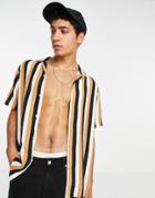 Topman Short Sleeve Camp Collar Striped Shirt In Brown Stripe-multi