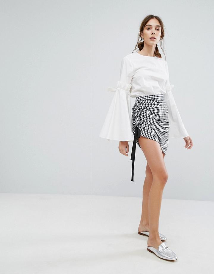 Neon Rose Skirt In Gingham With Ruched Tie Side - Black