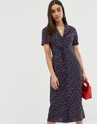 Fashion Union Midi Fitted Shirt Dress In Ditsy Floral - Navy
