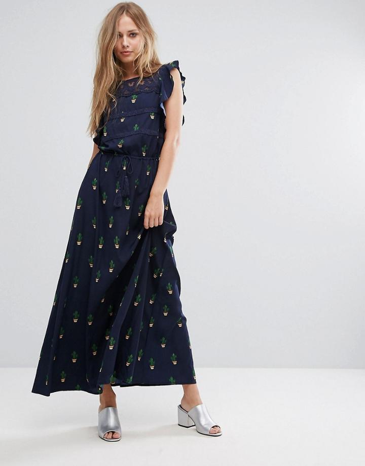 Liquorish Maxi Dress In Mini Cactus Print - Navy