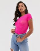 Asos Design Mesh Top With Cap Sleeve In Bright Pink With Crystal Studs - Pink