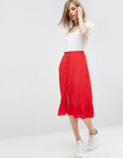 Asos Button Through Midi Skirt With Frill Hem - Red