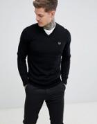 Fred Perry V-neck Merino Knitted Sweater In Black - Black