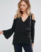 Neon Rose Cold Shoulder Wrap Blouse - Black