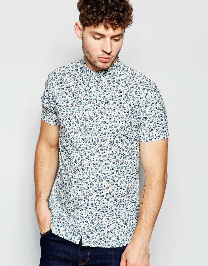 Brave Soul Small Floral Short Sleeve Shirt - Blue