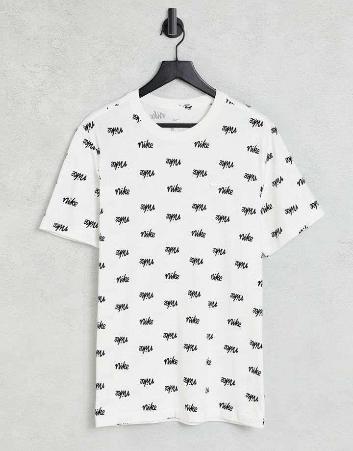 Nike Club All Over Logo Boyfriend T-shirt In White