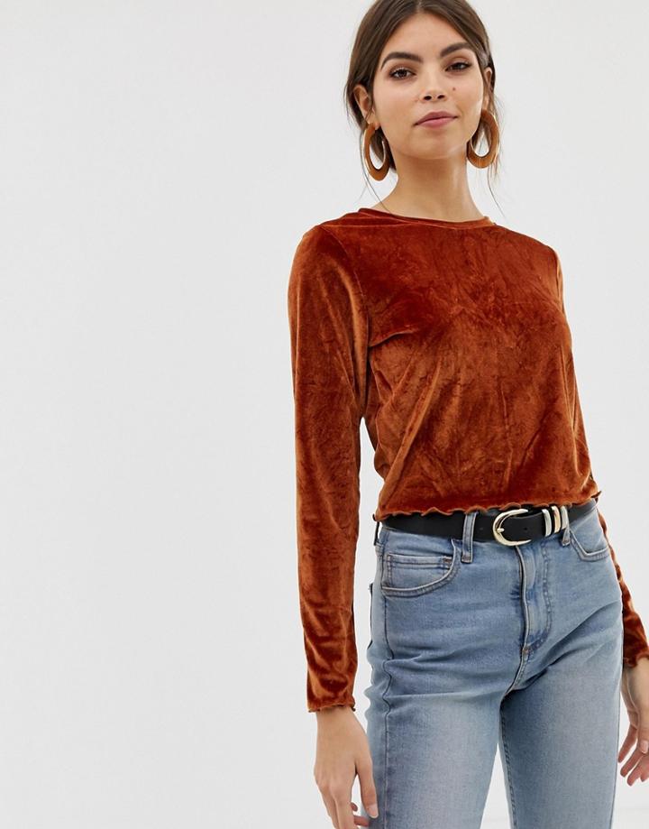 Asos Design Velvet Lettuce Edge Top With Long Sleeve-orange