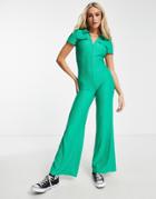Asos Design Collared Zip Front 70s Rib Jumpsuit In Bright Green