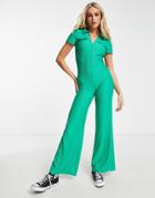 Asos Design Collared Zip Front 70s Rib Jumpsuit In Bright Green
