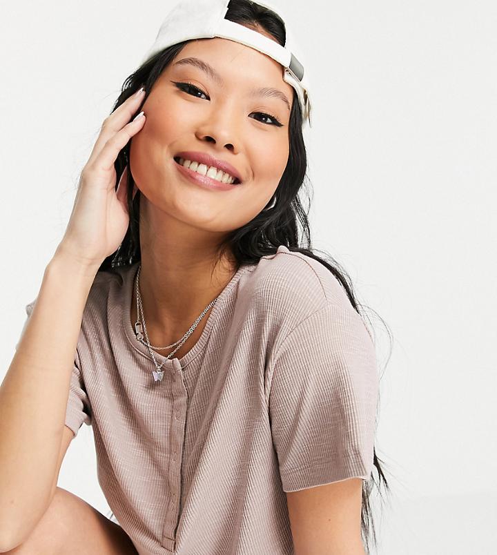 Asos Design Petite Snaps Front Boxy Crop T-shirt In Mink-pink