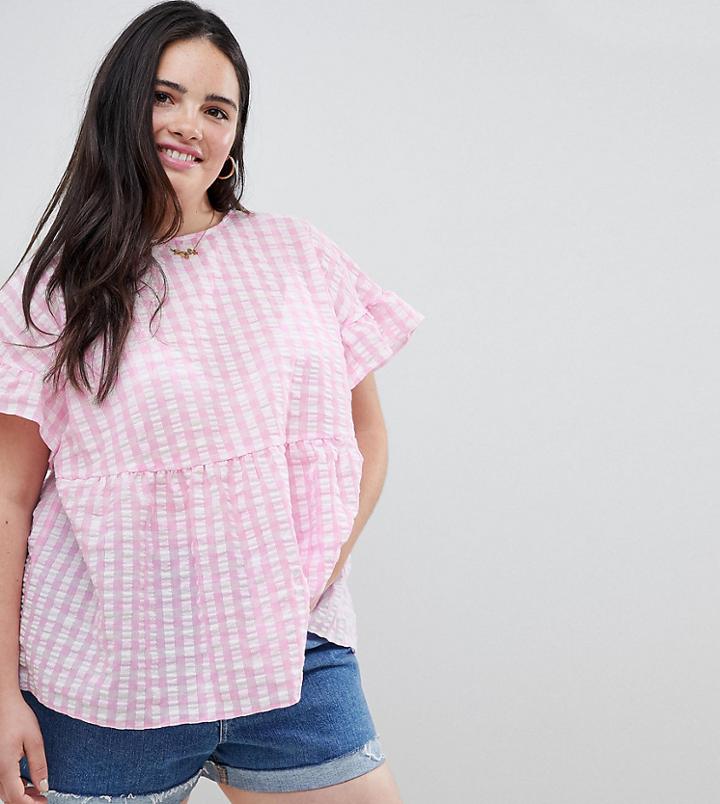 Asos Design Curve Smock Top In Pink Gingham - Multi