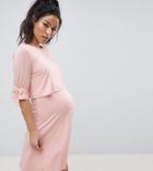 Asos Design Maternity Nursing Double Layer Skater Dress With Tie Sleeve - Pink