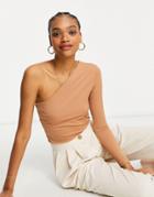 Mango Recycled Polyester Asymetric Ribbed T-shirt In Camel-neutral