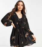 Asos Design Petite Soft All Over Embroidered Mini Dress In Black