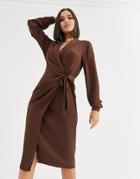 Asos Design Collared Wrap Midi Dress-brown