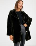 Asos Design Plush Faux Fur Bonded Overcoat In Khaki - Green