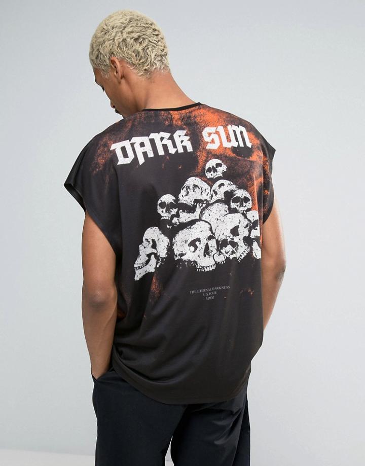 Asos Oversized Longline T-shirt With Sun And Skulls Textured Print - B