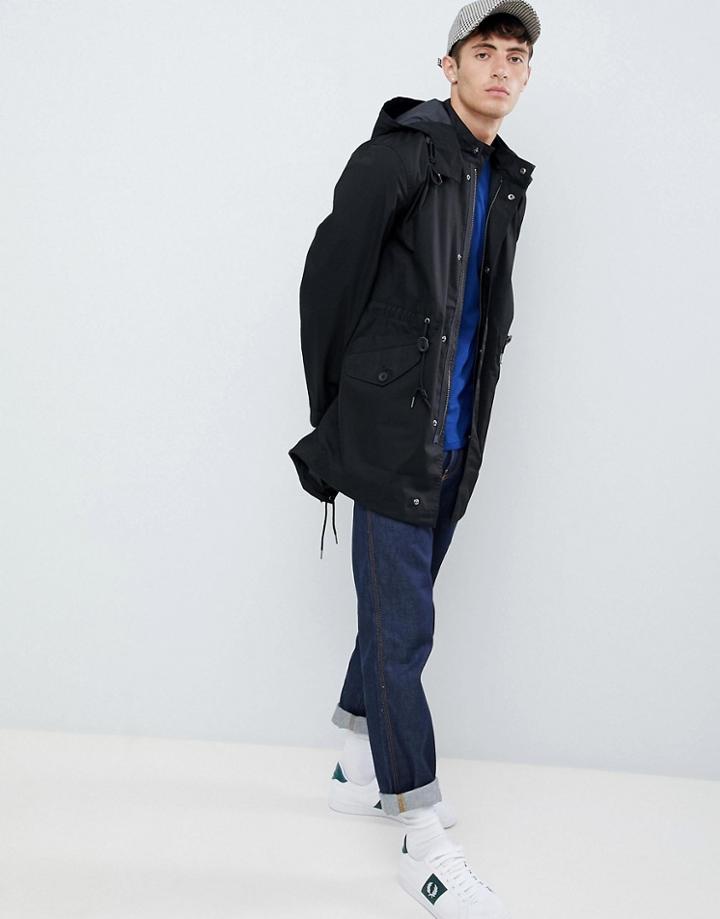 Fred Perry Hooded Fishtail Parka Jacket In Black - Black