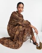 Vila Maxi Dress With High Neck In Leopard Print-multi