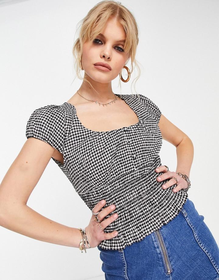 Topshop Shirred Cap Sleeve Gingham Tea Top In Monochrome-black