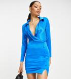 Asos Design Petite Satin Button Shirt Mini Dress In Blue-blues