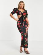 Asos Design Cut-out Pencil Dress In Rose Bloom Print-multi