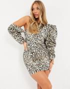 Asos Design Super Sleeve Asymmetric Mini Dress In Animal Jacquard-multi