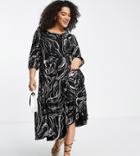 Yours Tiered Midi Dress In Black Marble Print