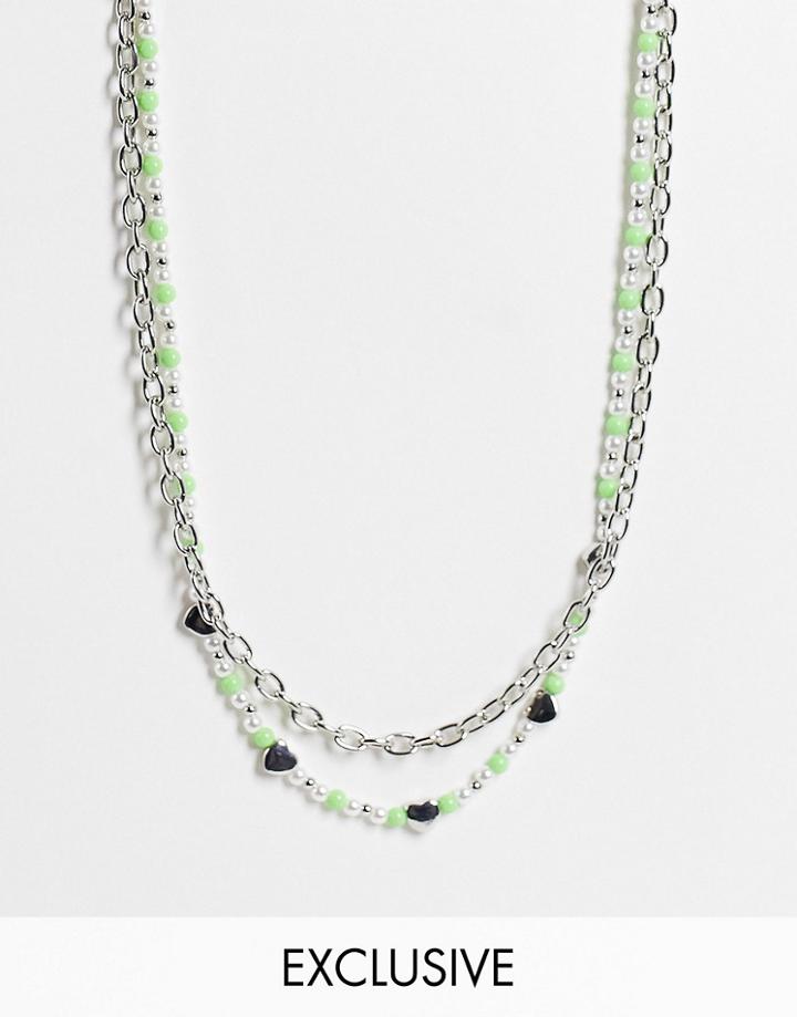 Reclaimed Vintage Inspired Unisex Necklaces With Hearts Beads In Green And Silver