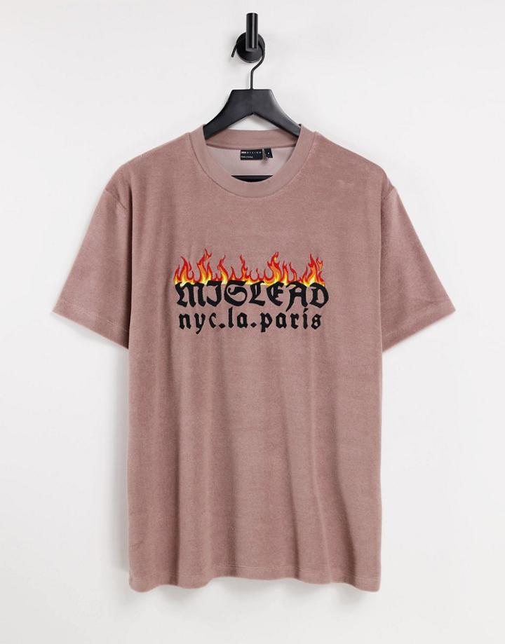 Asos Design Relaxed T-shirt In Brown Toweling With City & Flame Embroidery