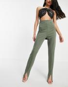 Flounce London High Waist Tailored Stretch Pants With Split Front In Khaki-green