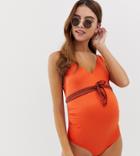 Asos Design Maternity Slinky Belted Swimsuit In Rust-orange