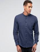 Casual Friday Shirt In Pinstripe With Grandad Collar In Regular Fit - Navy