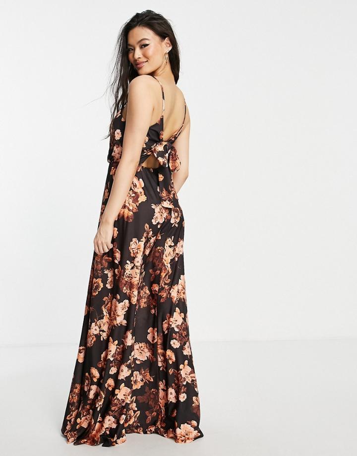Asos Design Wrap Front Tie Back Maxi Dress In Dark Floral Print-multi